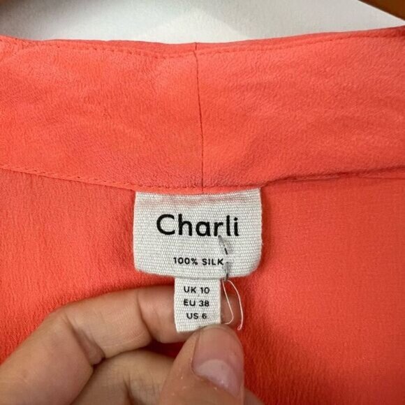 Charli London 100% Silk Sleeveless Top Coral Neon Peach Women’s Size 6 V Neck - Picture 9 of 10